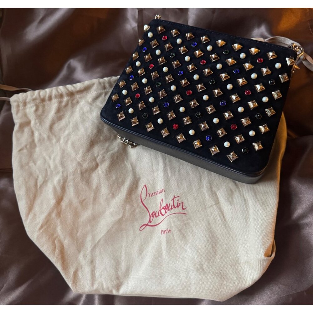 Christian Louboutin Authentic Black Leather and Suede Triloubi Embellished Chain